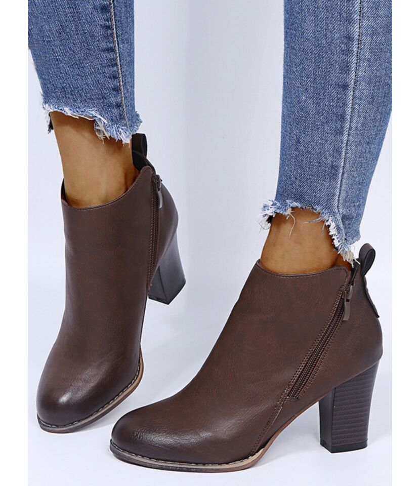 Women Slant Zipper Faux Leather Ankle Boots