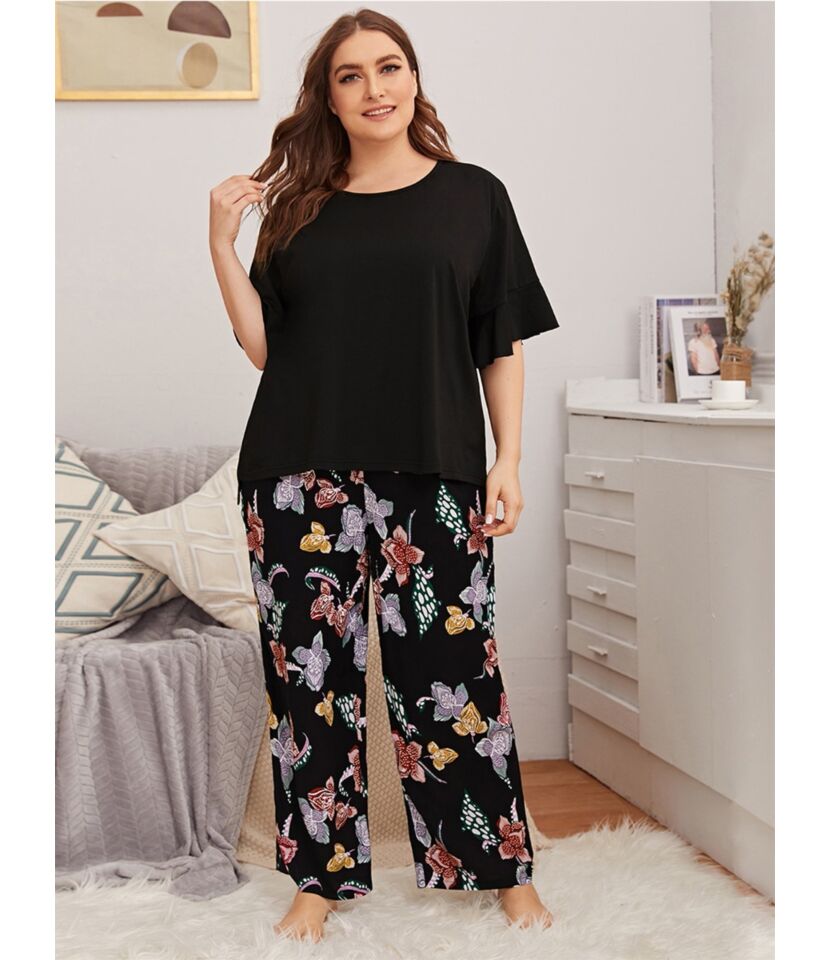 2-piece Flare Sleeve Top Matching Floral Pants Plus Size PJ Set