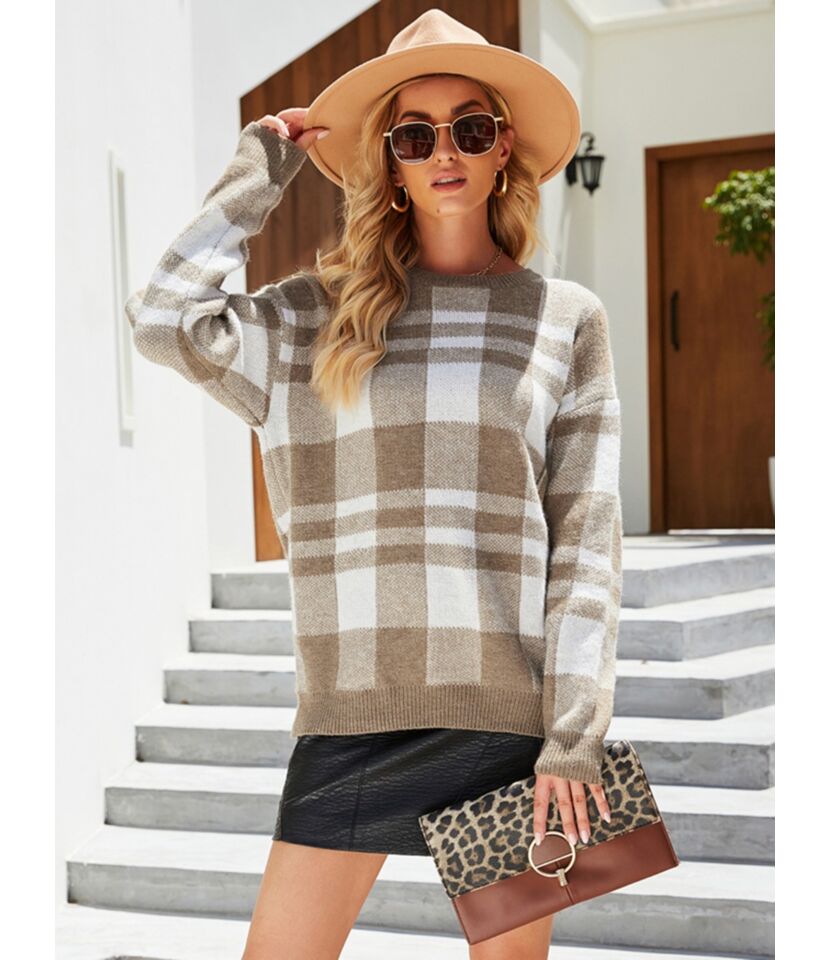 Crew Neck Plaid Pattern Knitted Sweater 210710404