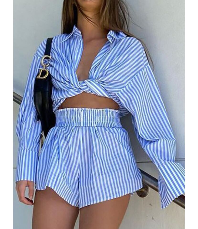 Long Sleeve Casual Striped Shirt Two Piece Shorts Sets 210710463