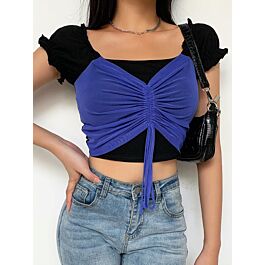 Colorblock Puff Sleeve Drawstring Crop Top