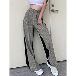 Colorblock Plaid Wide-leg Trousers