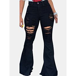 Fringe Hem Ripped Flared Denim Jeans