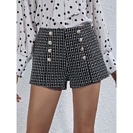 High Waist Button Decor Plaind Tweed Shorts