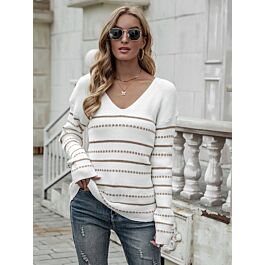 Drop Sleeve V-neck Striped Rib-knit Sweater