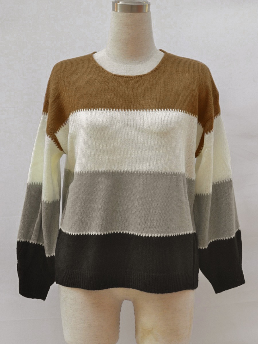 Four Tone Colorblock Round Collar Loose Pullover