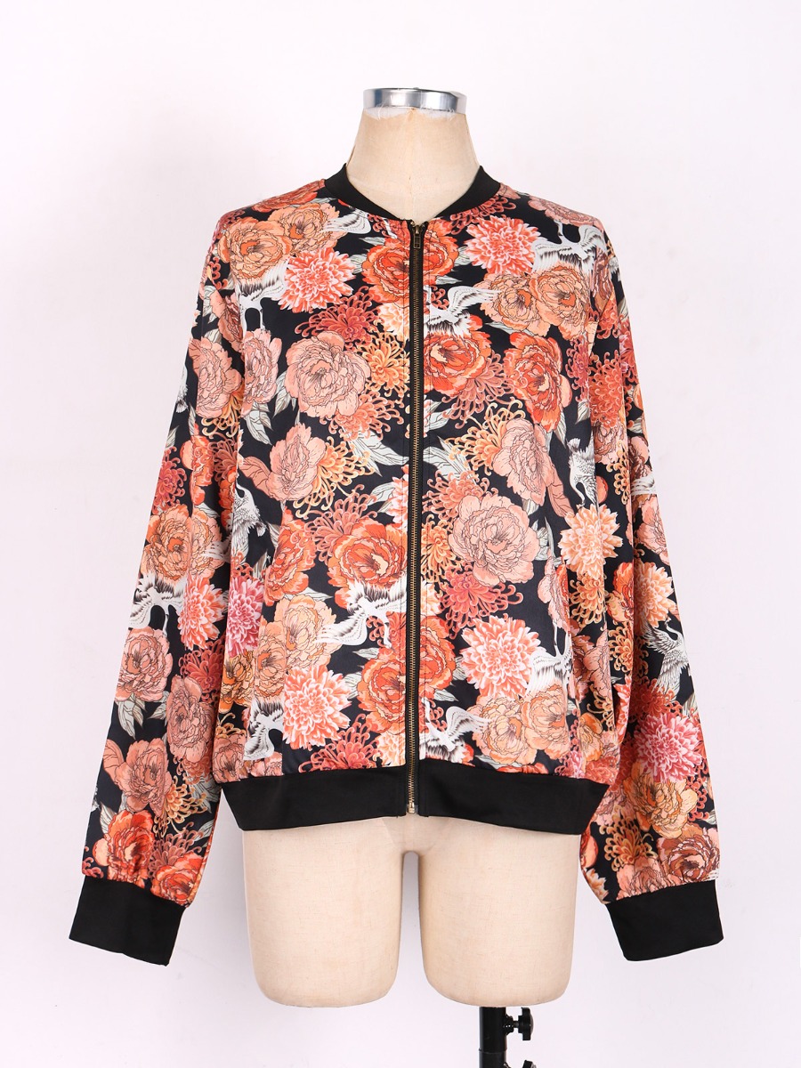 Floral Print Contrast Zip Pocket Side Women Jacket