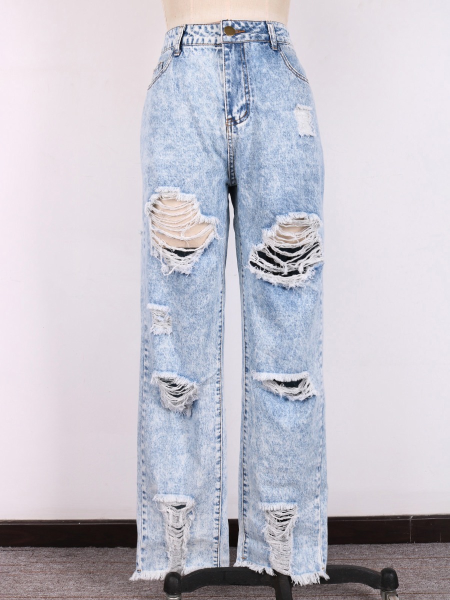 Street Style Fringe Hem Ripped Jeans