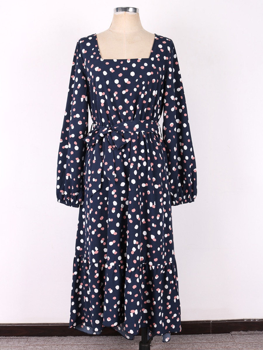 Square Collar Belted Polka Dots Flounce Dress